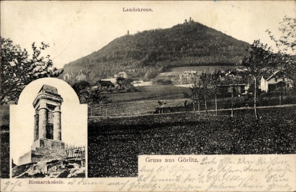 Ak Görlitz in der Lausitz, Landskrone, Bismarcksäule, Landschaft, Görlitz