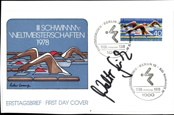 Maximum Ak Autogramm von Fritz Walter, Fußballspieler, III. Schwimm-Weltmeisterschaften 1978