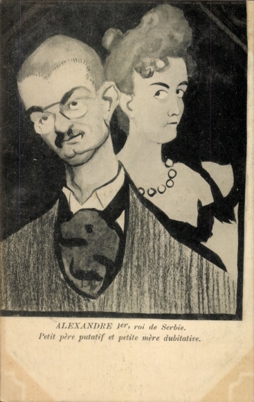 Ak Aleksander I., Maria von Rumänien, Serbisches Königshaus, Karikatur