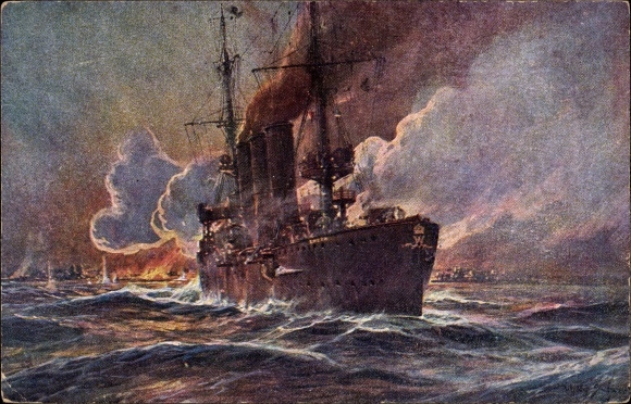 Artist PC Stöwer, Willy, SMS Emden fires at Madras, cruiser, Imperial Navy, I. WW