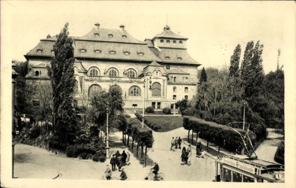 Postcard Mönchengladbach on the Lower Rhine, Kaiser Friedrich Hall, tram