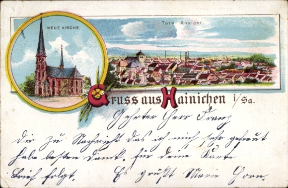 Litho Hainichen in Sachsen, Gesamtansicht, Neue Kirche
