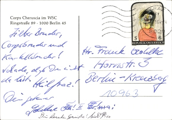 Studentika Postcard Berlin, Corps Cheruscia, Corps House Ringstraße 89, Coat of Arms, WSC