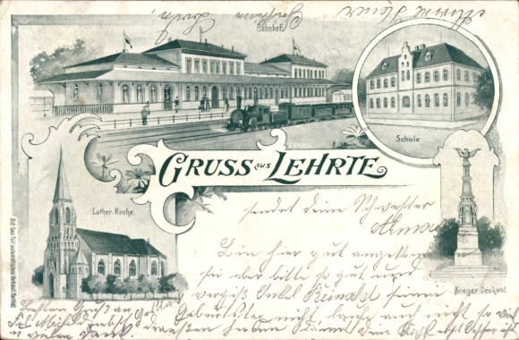 Chromo-Litho Lehrte in Lower Saxony, train station, steam locomotive, school, Luther Church, war memorial