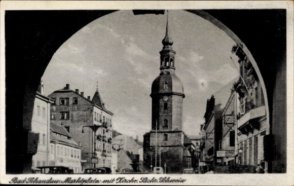 Ak Bad Schandau Sächsische Schweiz, Marktplatz mit Kirche, architektonische Szenerie, historis...