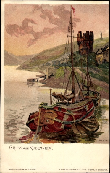 Artist Chromo-Litho Pfaff, C., Rüdesheim am Rhein in Hesse, sailing boats, tower