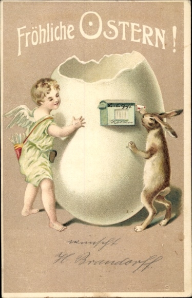Präge Ak Glückwunsch Ostern, Osterhase, Engel, Briefkasten, Ostereierschale