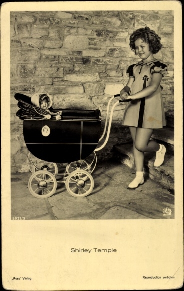 Postcard actress Shirley Temple, portrait in dress with doll&#39;s pram