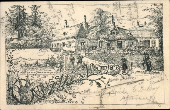 Chromo-Litho Hameau Vienna Hernals, view to Herrmannskogel, inn