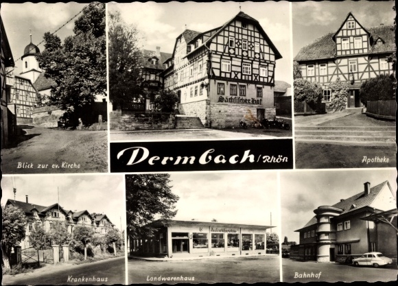 Postcard Dermbach in der Röhn Thuringia, train station, pharmacy, hospital, church, country store