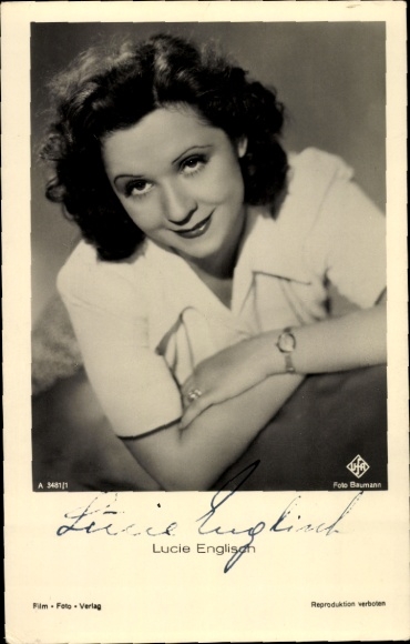 Postcard actress Lucie English, portrait, Ufa film, autograph