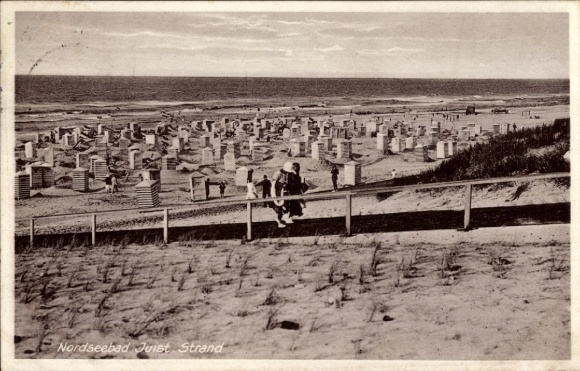 Postcard North Sea resort Juist in East Frisia, beach with beach chairs