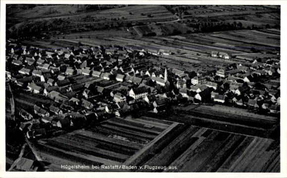 Postcard Hügelsheim am Rhein, aerial photograph