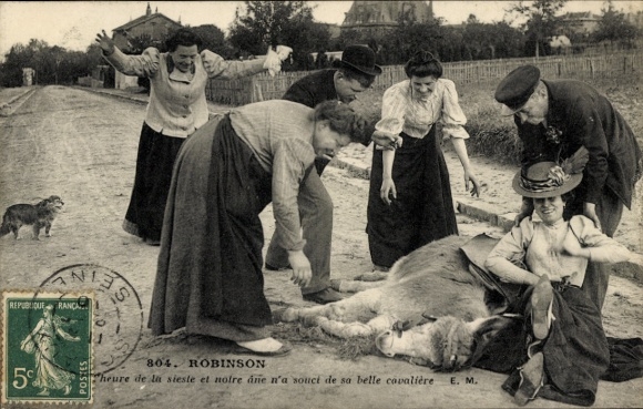 Postcard Les Plessis Robinson Hauts de Seine, sleeping donkey, rider
