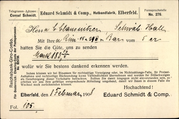 PC Elberfeld Wuppertal, hat band factory Eduard Schmidt &amp; Comp., receipt