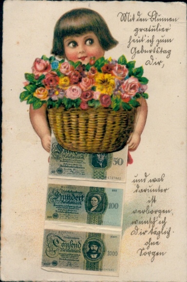 Leporello Postcard Congratulations Birthday, Child, Flower Basket, Banknotes, Reichsmark