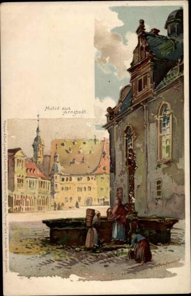 Kunstenaar litho Otto Hammel, Arnstadt, vrouwen bij de fontein