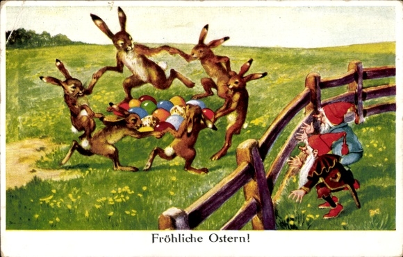 Ak Glückwunsch Ostern, Ostereier, tanzende Hasen, Zwerge