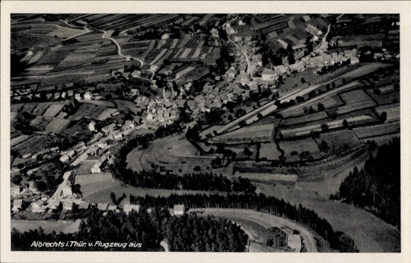 Postcard Albrechts Suhl in Thuringia, aerial photograph of Albrechts, Thuringian Forest, countryside and village view