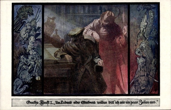 Artist Postcard Kutzer, Ernst, Goethe, Faust I., For the sake of life or death, Mephisto, Devil