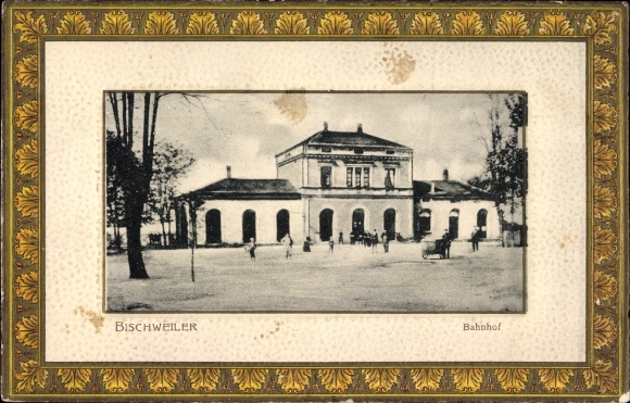 Embossed passepartout PC Bischwiller Bischweiler Alsace Bas Rhin, train station, street side