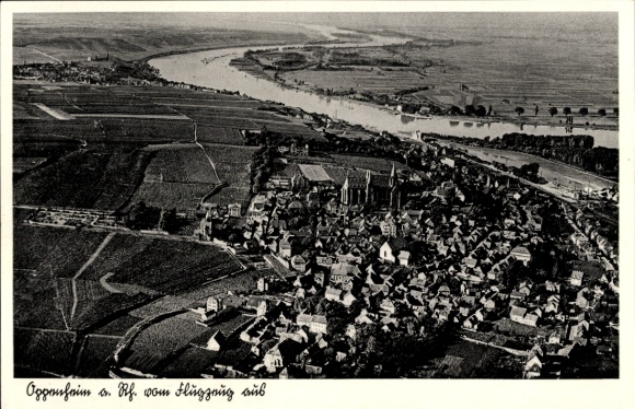 Ak Oppenheim am Oberrhein, Luftaufnahme von Oppenheim, Rhein, Flusslandschaft,  Architektur
