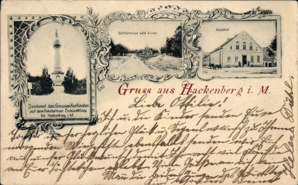 Postcard Fehrbellin in Brandenburg, Hackenberg, village street, church, inn, monument of the Great Elector