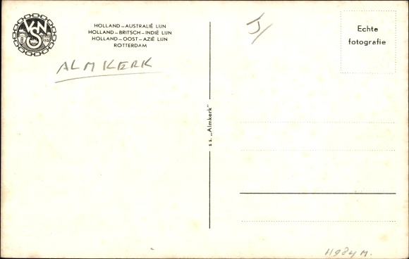 Postcard cargo ship Almkerk, VNS, Verenigde Nederlandsche Scheepvaartmaatschappij