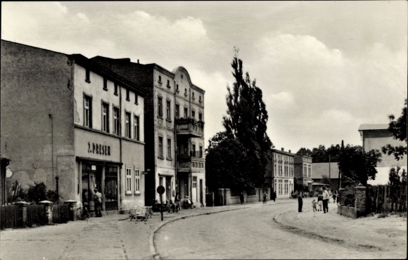 Postcard Eggesin in Mecklenburg-Western Pomerania, Bahnhofstrasse, shop, owner J. Dresen