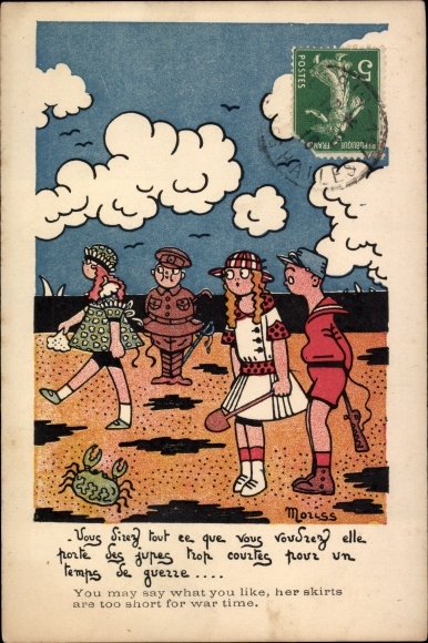 Artist Postcard Moriss, Am Strand, Krebs, You may say what you like, her skirts are too short...