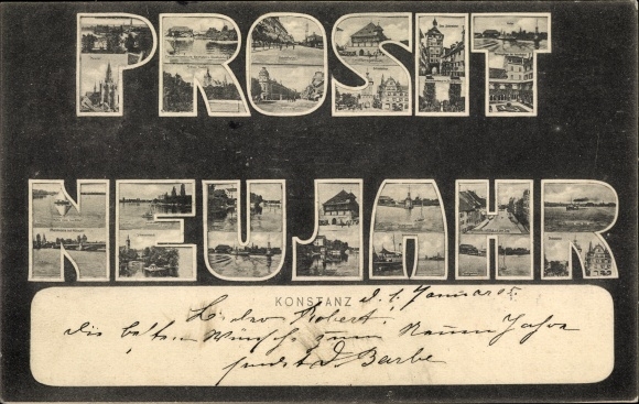 Letters Postcard Constance on Lake Constance, city views, congratulations New Year