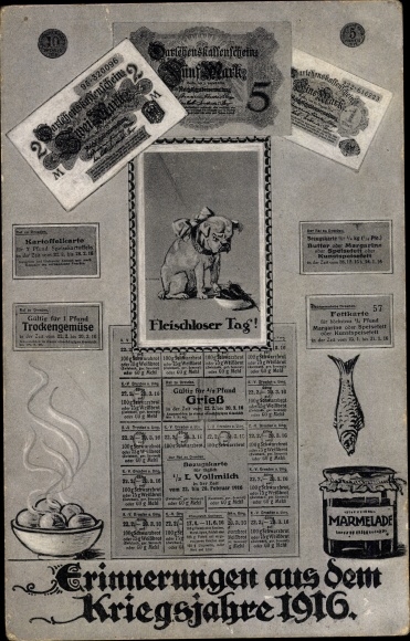 Postcard Memories from the war year 1916, food stamps, loan receipt