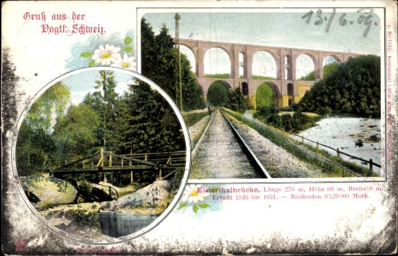 Passepartout Postcard Jocketa Pöhl Vogtland, Elstertal Bridge, Triebtal, railway line