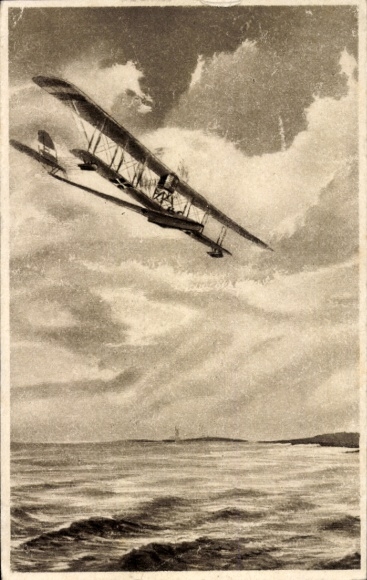Artist Postcard Jaritz, P., Before the morning dawns, Kuk Kriegsmarine, Lohner flying boat, Adriatic, 1st World War