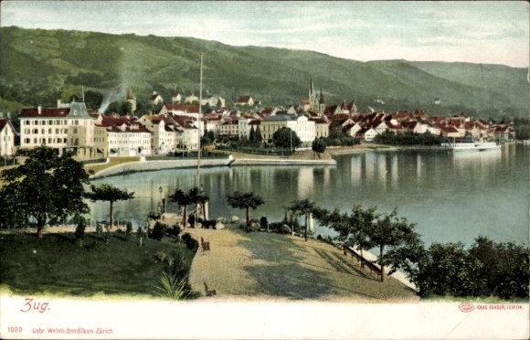 KP Zug miasto Szwajcaria, widok miasta z jeziorem i górami, 1980, kolorowe, wiele domów