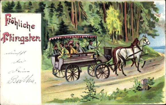 Litho Glückwunsch Pfingsten, Kutschenfahrt