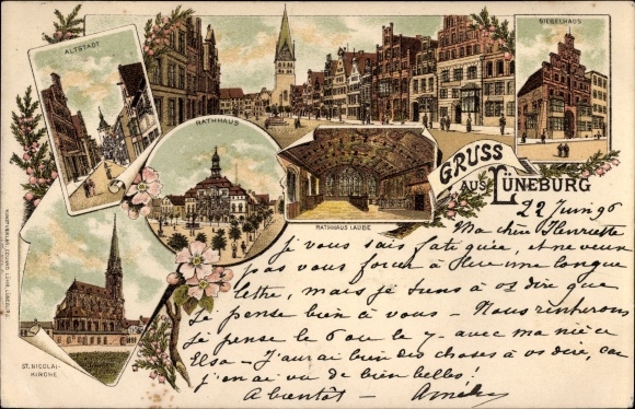Chromo-Litho Lüneburg in Lower Saxony, old town, town hall, St. Nicolai church