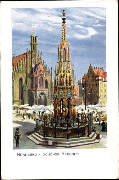 Artist PC Kley, Heinrich, Nuremberg in Middle Franconia Bavaria, beautiful fountain