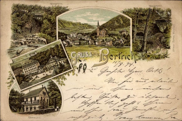 Precursor Chromo-Litho Bad Bertrich on the Mosel Eifel, general view, cheese grotto, elf mill