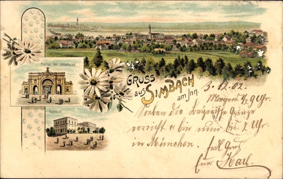 Chromo-Litho Simbach am Inn in Lower Bavaria, train station, portal of the Inn bridge, panorama of the town