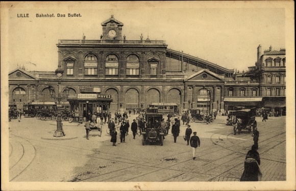 Postcard Lille Nord, La Gare, view from the train station, buffet, road traffic