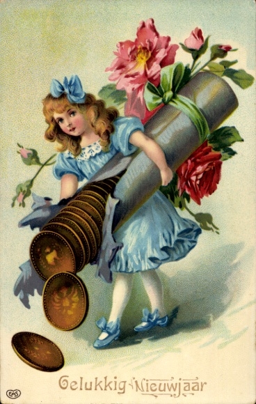 Ak Glückwunsch Neujahr, Mädchen, Münzen, Blumen