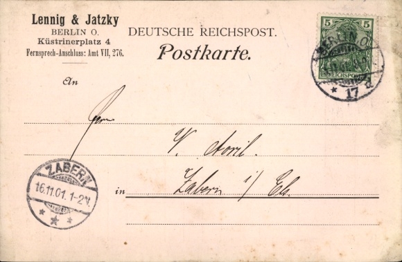 Postcard Berlin Friedrichshain, Lennig & Jatzky, Küstrinerplatz 4, Business Correspondence