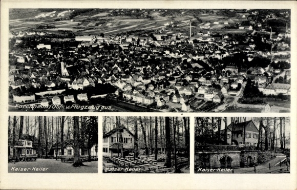 Ak Forchheim in Oberfranken Bayern, Luftaufnahme  Blick auf Häuser, Kaiser-Keller, Waldgebiet