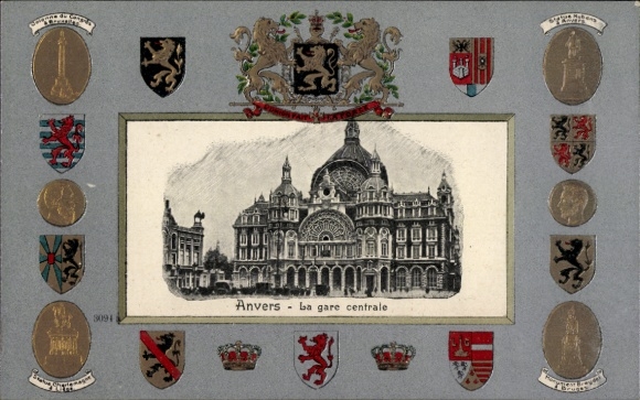 Gepreegd wapenschild Ak Anvers Antwerpen Vlaanderen, treinstation