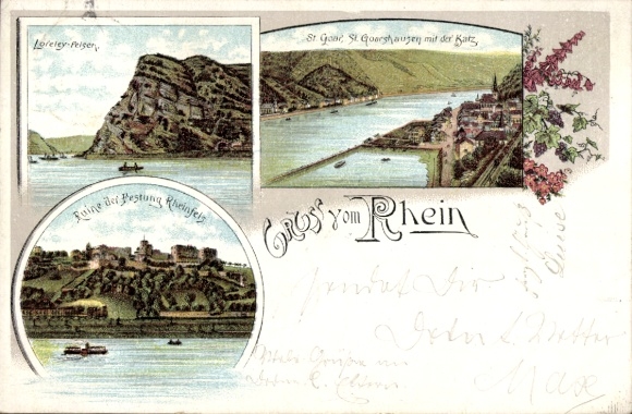 lito St. Goar w dzielnicy Rhein Hunsrück, skała Loreley, Katz, ruiny twierdzy Rheinfels