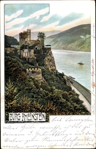 Postcard Trechtingshausen am Rhein, Rheinstein Castle, view of the castle and the Rhine