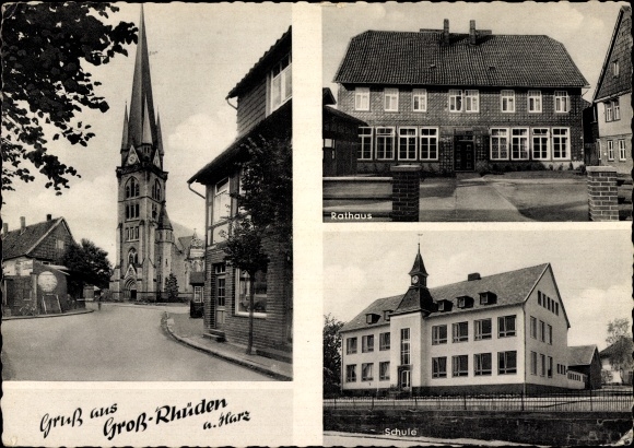 Postcard Groß Rhüden Seesen Lower Saxony, church, town hall, St. Georg school