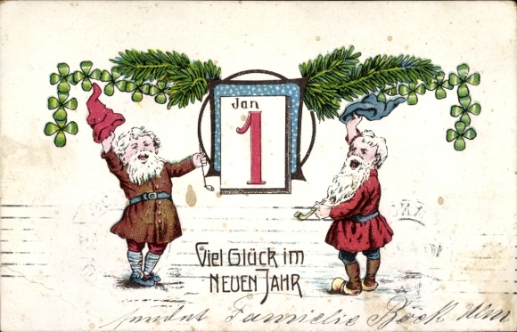 PC Happy New Year, dwarves with calendar page, clover leaves