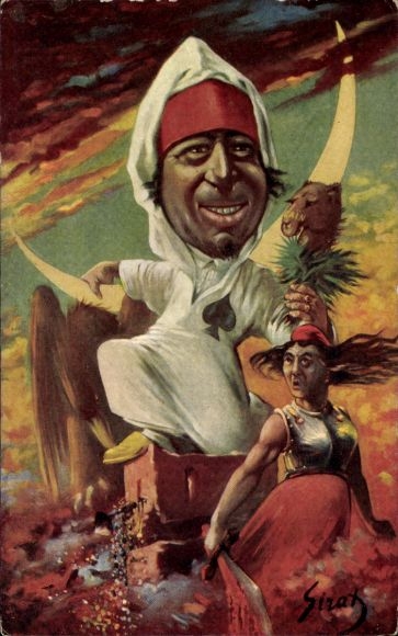 Artist Postcard Sirat, caricature, Sultan of Morocco, Abd-El-Aziz, Marianne